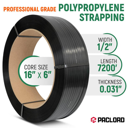 Paclord 1/2" x 7200' Heavy-Duty Polypropylene (PP) Strapping Coil - 0.031" Thick Banding Strap, 16" x 6" Core, 600 lbs Break Strength, Black - for Bundling and Packaging - Flexible, Weather Resistant