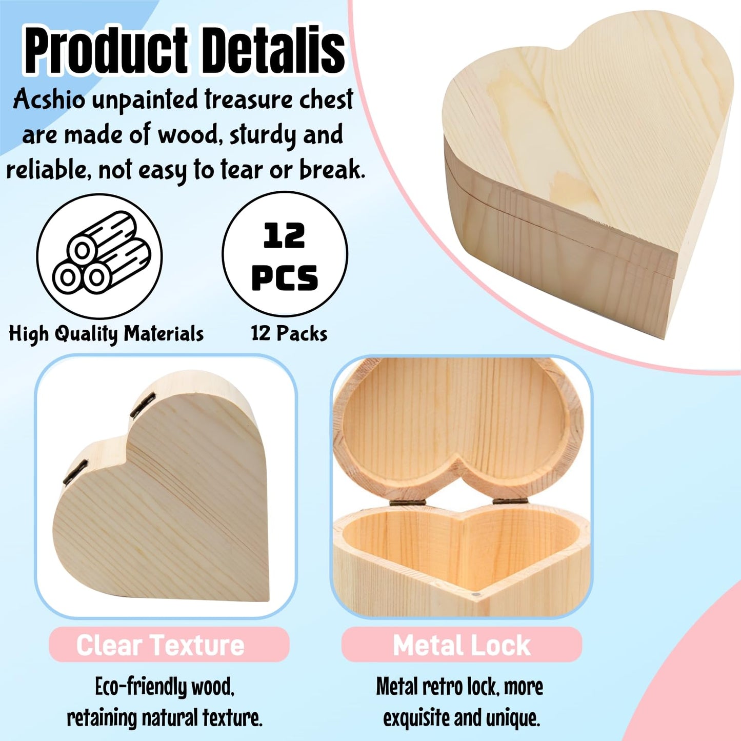 Acshio 12 Pack Unfinished Wood Heart Box, Unpainted DIY Treasure Chest with 10 Pcs Paint Brushes, Wooden Heart Shaped Storage Box Jewelry Box with Lid for Art Craft Painting Making Christmas