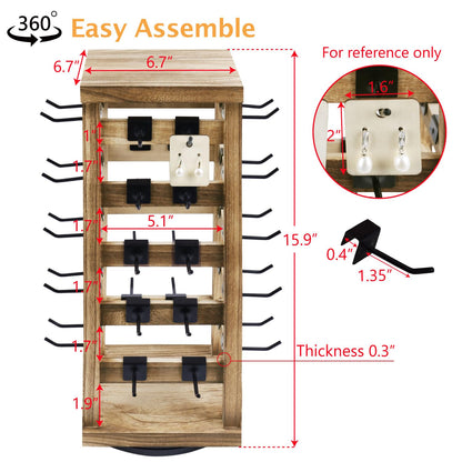 Ikee Design Wood Rotating Jewelry Display, Removable 42 Hooks Earring Display Stand, 5 Bars Earring Organizer Stand, Oak Color