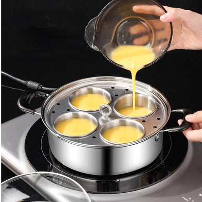GOVNPJ Egg Poacher Pan, Poached Egg Pan Stainless Steel Egg Pan with 4 Cups Egg Cooker Poached Egg Maker for Kitchen (without coating)