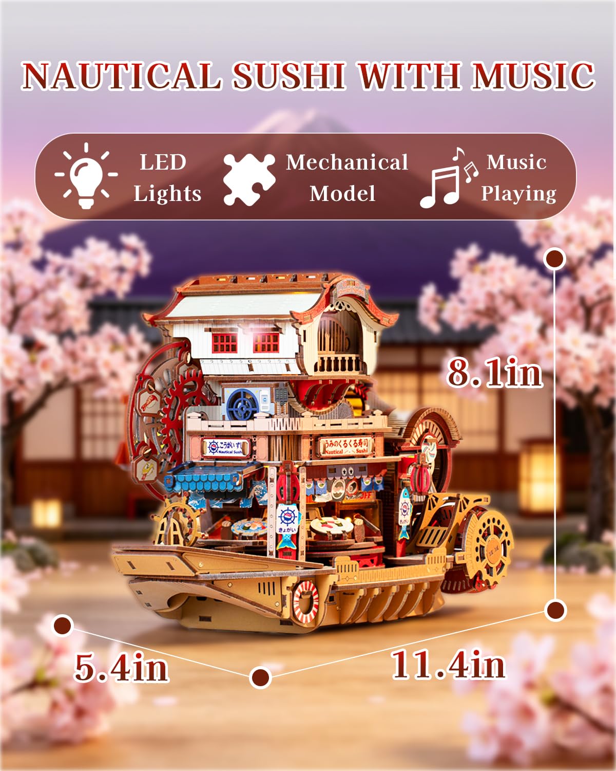 Nautical Sushi 3D Puzzles for Adults, 425PCS Wooden Mechanical Model Building Kit with Music and Lights, Miniature House Kit, Unique Home Decor Craft Gifts for Christmas Birthday Father's Day