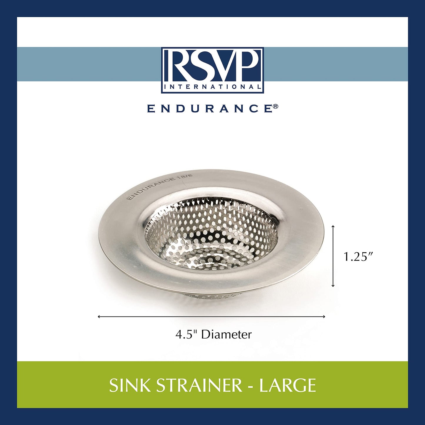 RSVP International Endurance® Stainless Steel Large Sink Strainer, 4.5" | Traps Food Scraps | Polished Finish with Precision Pierced Holes | Dishwasher Safe