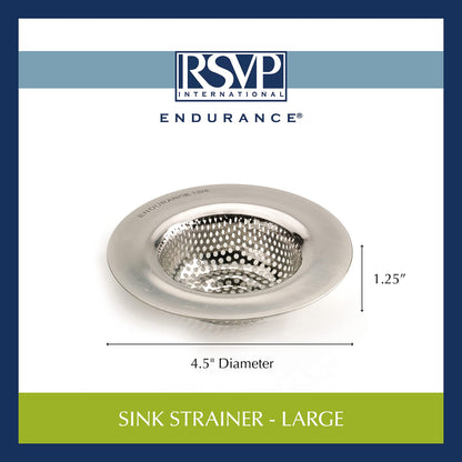 RSVP International Endurance® Stainless Steel Large Sink Strainer, 4.5" | Traps Food Scraps | Polished Finish with Precision Pierced Holes | Dishwasher Safe