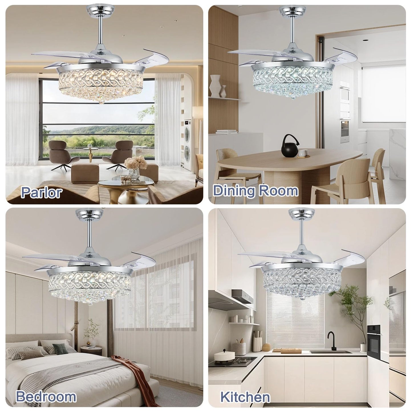 PAFRUMGE 52" Crystal Ceiling Fan with Light and Remote，Dimmable Fandelier with Invisible Retractable Blades, Modern Chandelier Ceiling Fans with Lights for Bedroom Living Room 6 Speed Chrome