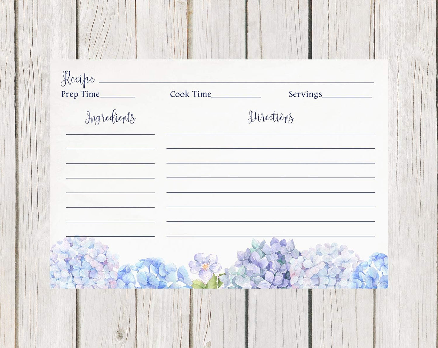 Recipe Cards 4x6 Double Sided Flowers Blue Wildflower Hydrangeas, Wedding Keepsake Gift (50 Count)