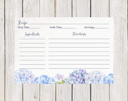 Recipe Cards 4x6 Double Sided Flowers Blue Wildflower Hydrangeas, Wedding Keepsake Gift (50 Count)