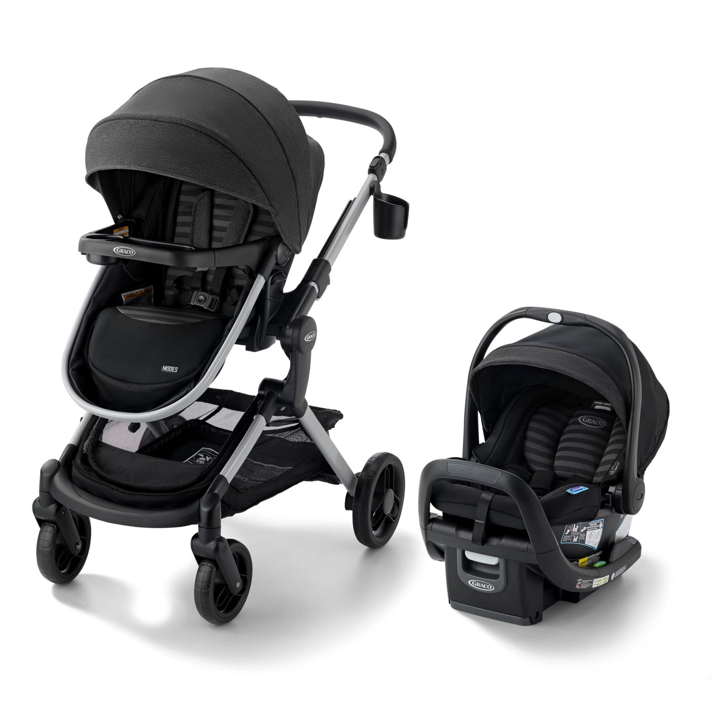 Graco® Modes Nest DLX Travel System, 3-in1 Modular Baby Carseat Stroller Combo, Adjustable Slide2Me Infant Car Seat Carrier, Pramette, to Toddler Stroller, Includes SnugRide DLX Infant Car Seat, Raven