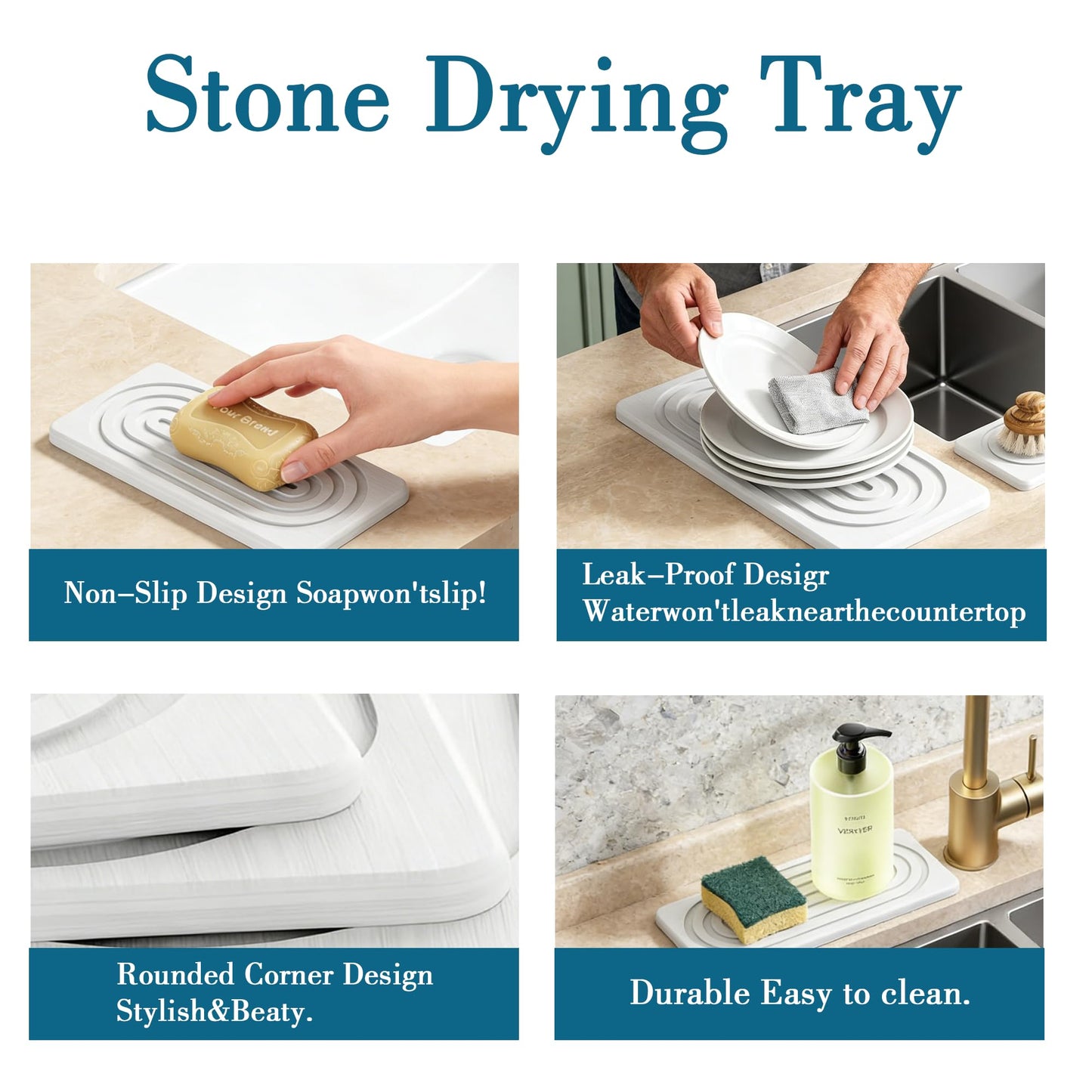 2 PCS Water Absorbing Stone Tray for Sink, Quick Drying Diatomite Bathroom Tray Countertop, Stone Drying Mat for Kitchen Counter Faucet, Soap Dish Dispenser Vanity Organizer, White-A-8.3" x 4"