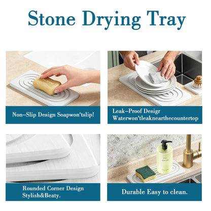 2 PCS Water Absorbing Stone Tray for Sink, Quick Drying Diatomite Bathroom Tray Countertop, Stone Drying Mat for Kitchen Counter Faucet, Soap Dish Dispenser Vanity Organizer, White-A-8.3" x 4"
