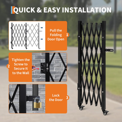 Single Expandable Gate, 87" H x 84" W Folding Security Gate, Folding Door Gate, Steel Accordion Security Gate, Flexible Garage door gate, 360° Rolling Barricade Gate, Scissor Gate or Door with Padlock