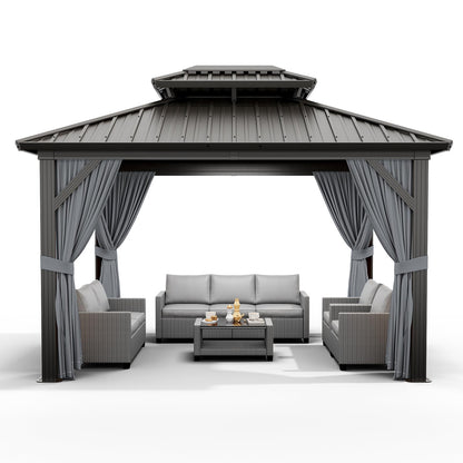 12'x10' Hardtop Gazebo, Heavy Duty Aluminum Permanent Hardtop Gazebo Outdoor Pavilion with Curtains and Netting for Garden