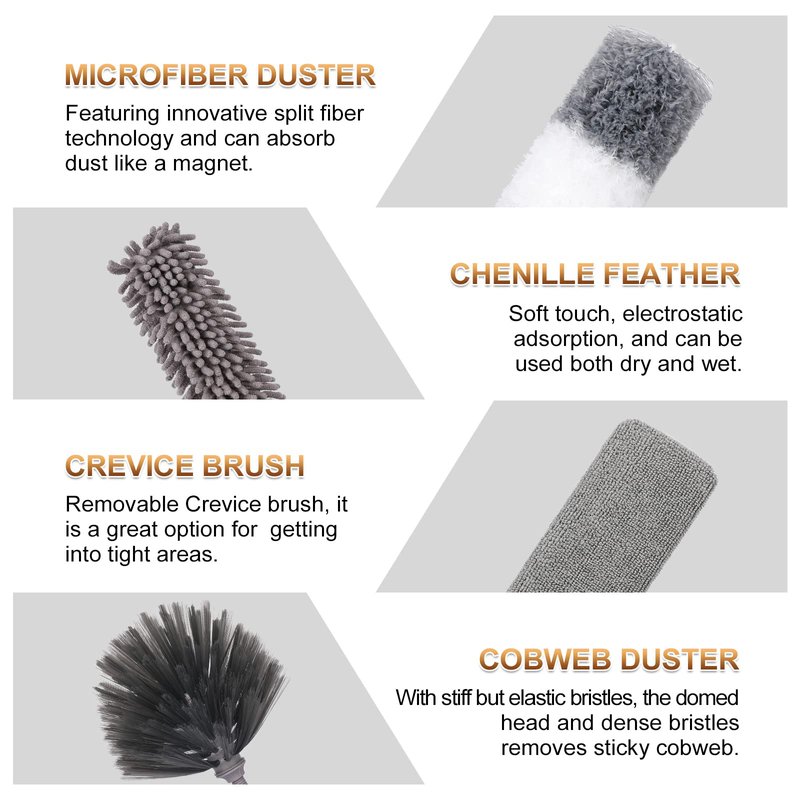 DEEHYO Microfiber Duster for Cleaning Fan, High Ceiling, Blinds, Furniture, Cars , 9PCS Extendable Feather Duster (Stainless Steel) 30 to 100 Inches, Reusable Bendable Washable