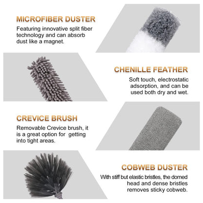 DEEHYO Microfiber Duster for Cleaning Fan, High Ceiling, Blinds, Furniture, Cars , 9PCS Extendable Feather Duster (Stainless Steel) 30 to 100 Inches, Reusable Bendable Washable