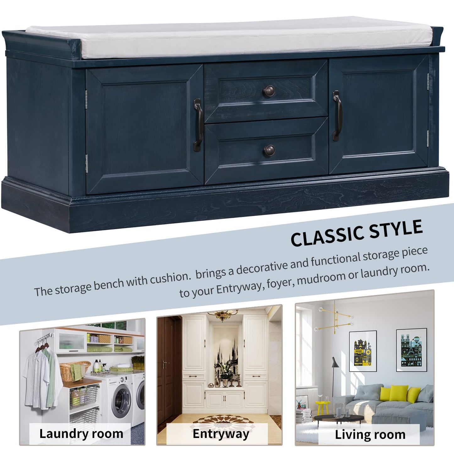 Acosure 42″ Storage Bench with 2 Drawers and 2 Cabinets，Multipurpose Entryway Shoe Rack W/Removable Cushion，for Living Room Hallway Porch,Antique Navy