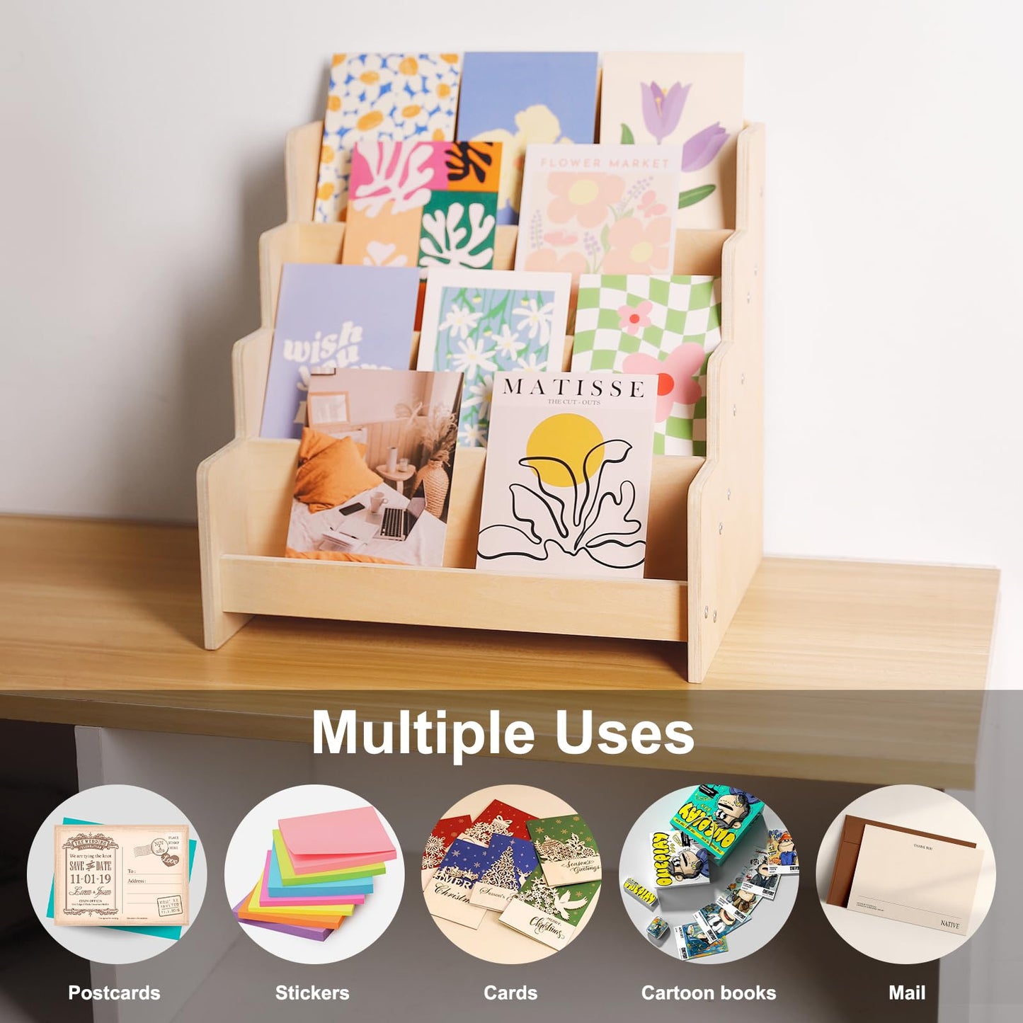 Exood Greeting Card Organizer Display Stand , 4-Tier Wooden Rack Holder for postcard Brochure Photos Sticker Retail
