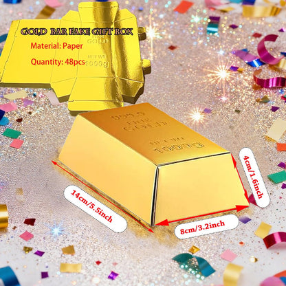 Rowcay 48 Pcs Fake Gold Bar Party Favor Boxes, Foil Paper Golden Treasure Brick Gift Boxes for Pirate Casino Theme Decorations, Candy Chocolate Treats Toys Coins(5.5 x 3.2 x 1.6 Inches)