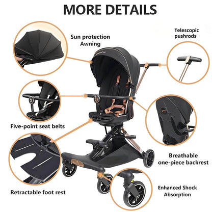 Lightweight Folding Stroller Wagon for Baby & Toddler Travel, 360° Reversible Seat, Adjustable Canopy with Storage Basket, Airplane-Friendly Compact Umbrella Stroller,Glory Black