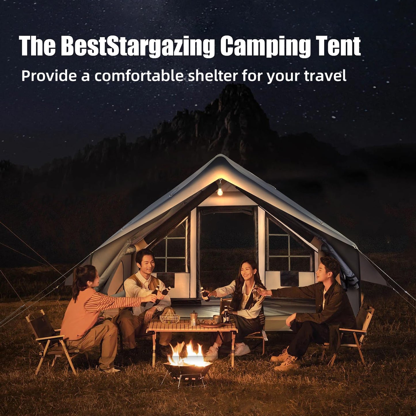 Inflatable Camping Tent Tarps for 4-6 Person, with Electric Air Pump, Extended Canopy, 4 Season Waterproof Windproof, Clear Skylight & 420D Oxford Waterproof, Air Tent with Mesh Windows/Doors