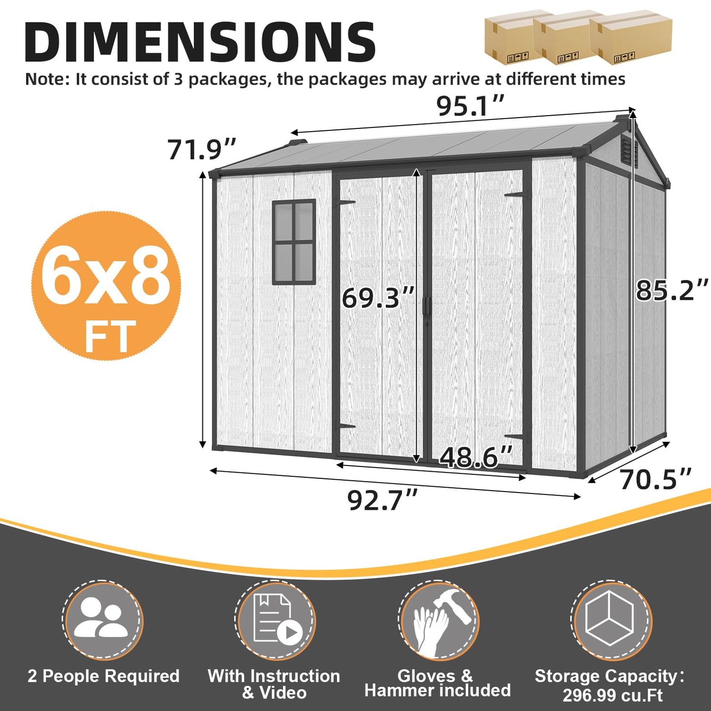 MELLCOM 6 x 8 FT Plastic Outdoor Storage Shed with Windows, Plastic Outdoor Storage Tool Shed with Floor and Lockable Door, Resin Garden Shed for Lawnmower, Bike, Pool Supply