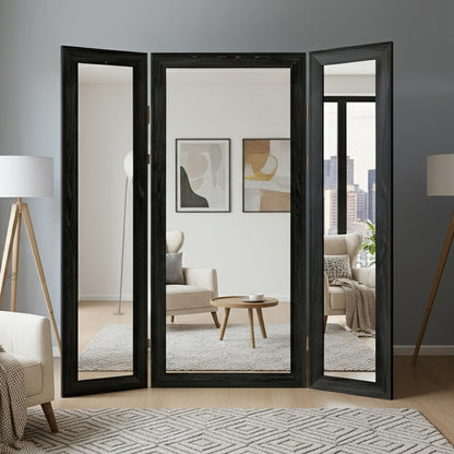 Houseables Trifold Mirror Full Length, 3 Way Mirror, Floor Length, Three Way Folding, Standing, Full Body, Wood Framed, 3 Sided for Bedroom, Makeup, Oversized, Foldable, Black, 71 x 32 to 65 Inch