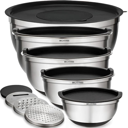 Belwares Mixing Bowls with Lids Set of 5 - Stainless Steel Mixing Bowl Set, Kitchen Nesting Metal Bowls with Non Slip Bottoms + 3 Grater Attachments, Airtight Lids, Food Prep + Storage, Matte Black