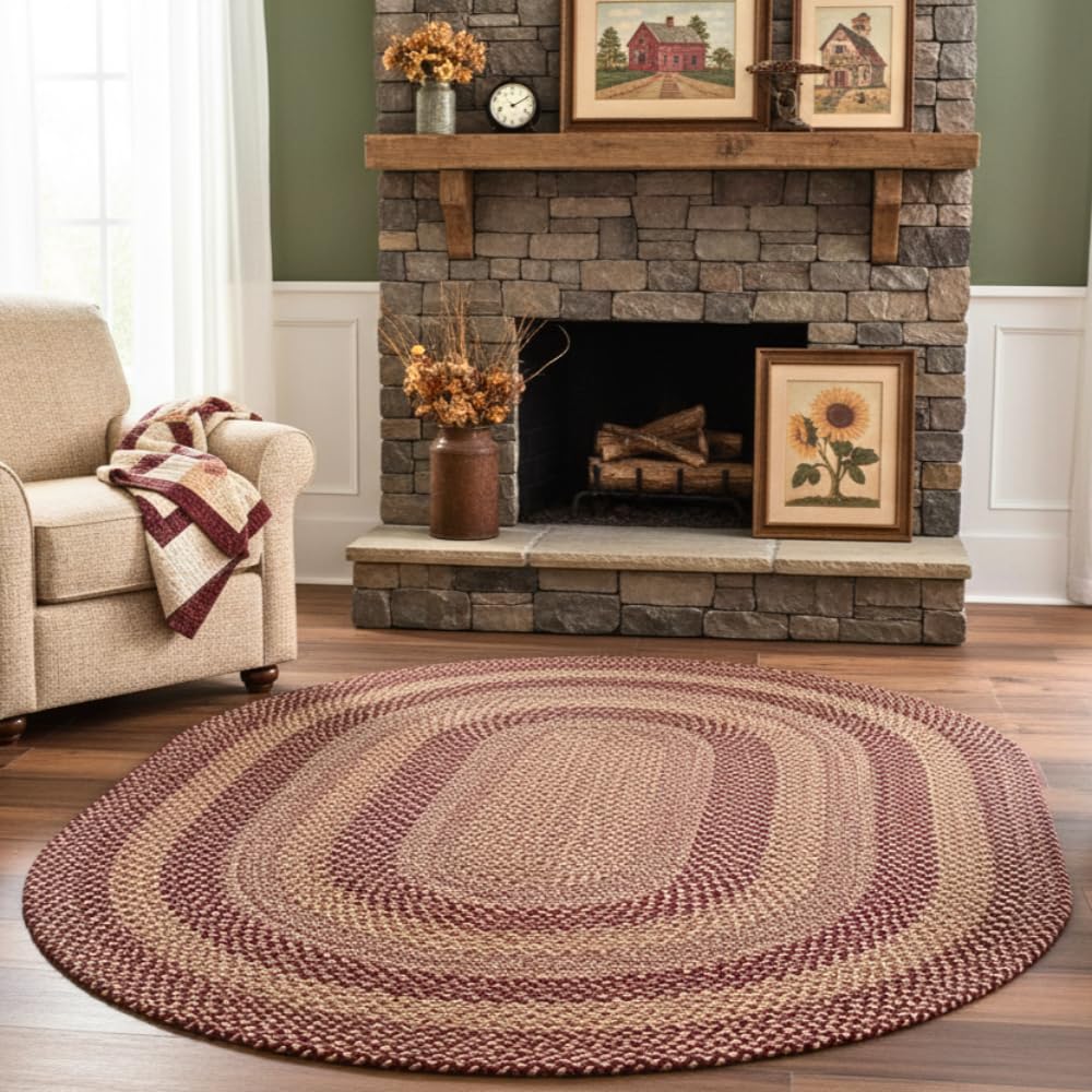 Jute Braided Rugs 4x6' Oval Rustic Trails – Burgundy & Tan Primitive Rugs for Living Room, Dining Room Decor, Farmhouse Living Accent