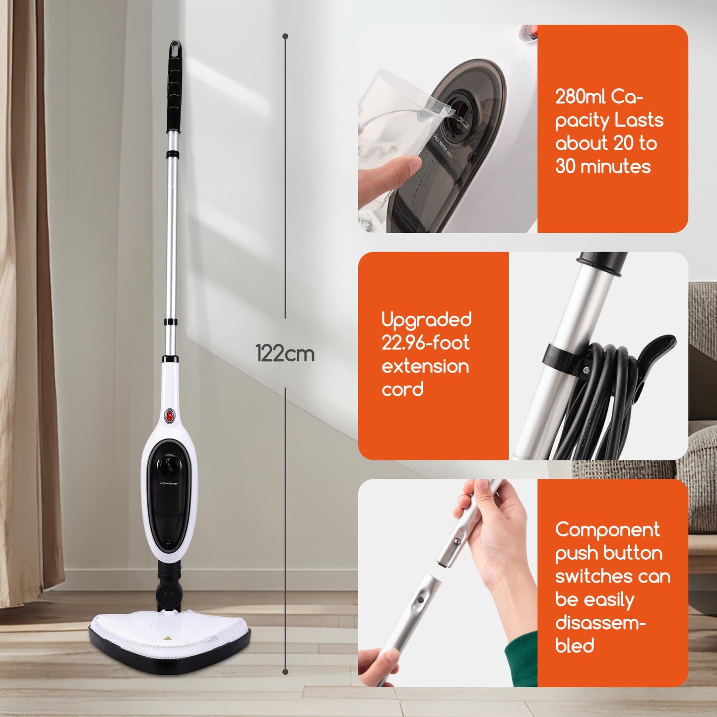 REECOO Steam Mop with Attachments,20s Rapid Heating,Lightweight Floor Steamer for Kitchen, Living Room Wood Floor Tile Carpet Cleaning