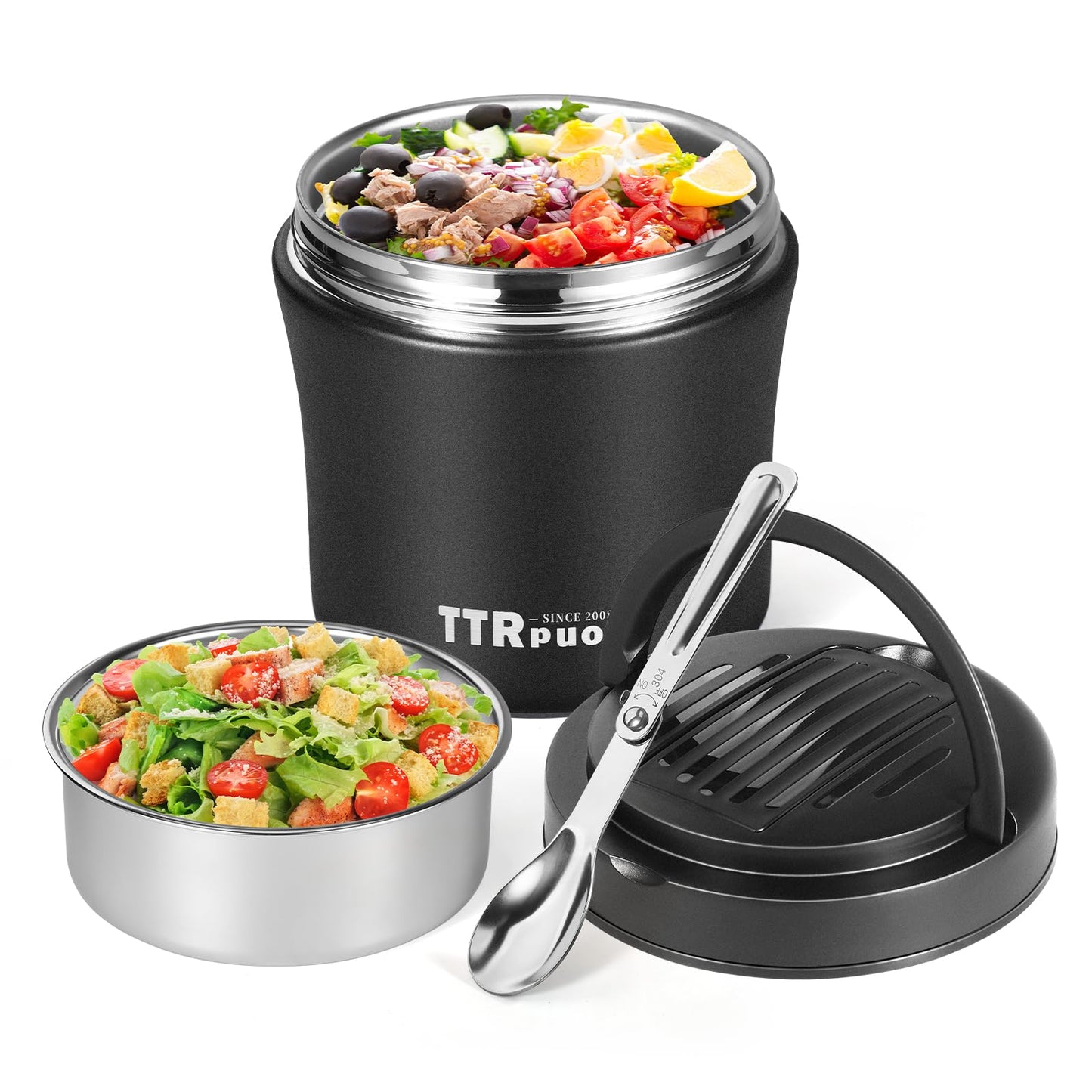 Insulated Food Container Soup Thermo for Hot Cold Food Adults 40 OZ, Stainless Steel lunch box, Wide Mouth Thermo Jar with Folding Spoon and Handle (BLACK)