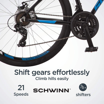 Schwinn GTX 2 Hybrid Bike, 700c Mens and Womens Bike, 21-Speed Hybrid Bicycle, Aluminum Dual-Sport Frame, Suspension Fork, Mechanical Disc Brakes, Adult Bicycle