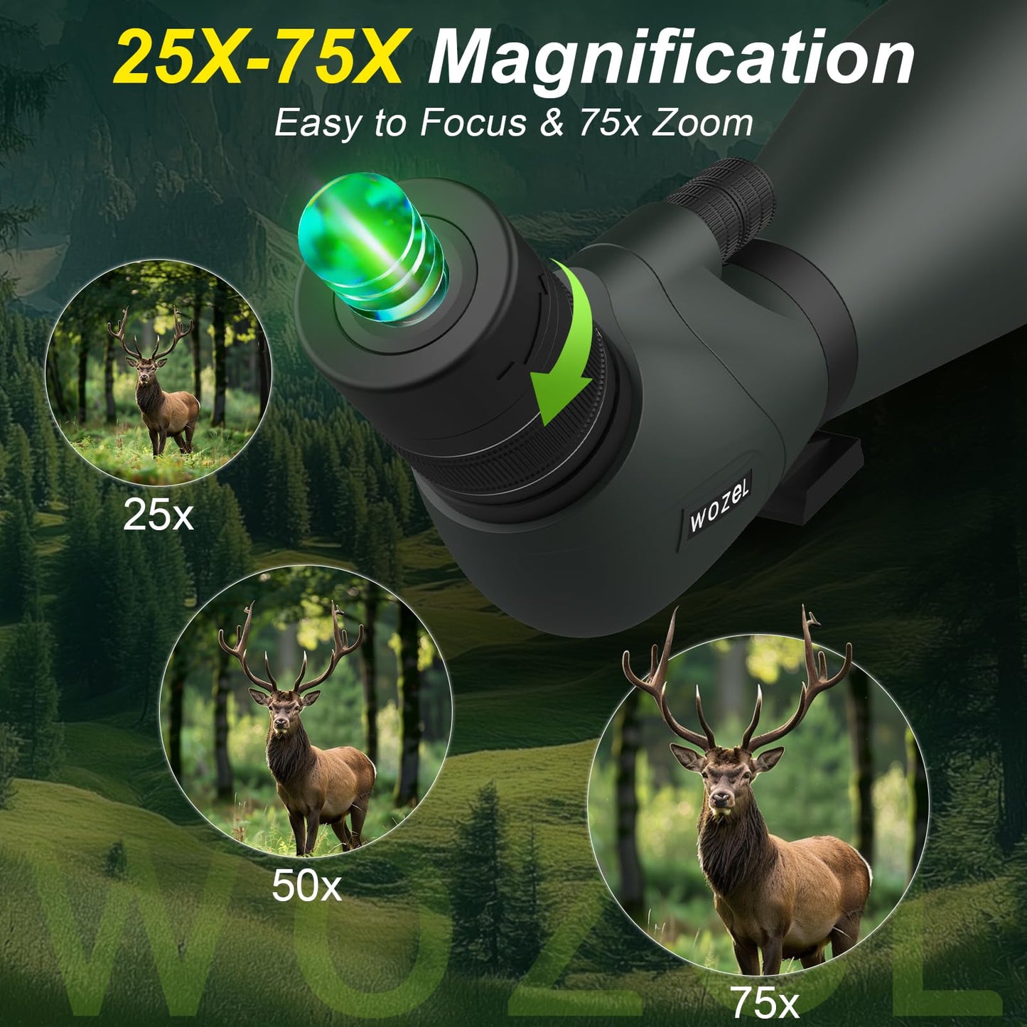WOZEL 25-75x100mm HD Spotting Scope - 45 Degree Angled BAK4 Prism High Definition Waterproof Spotter Scope for Bird Watching Target Shooting Hunting Wildlife Viewing with Carrying Bag