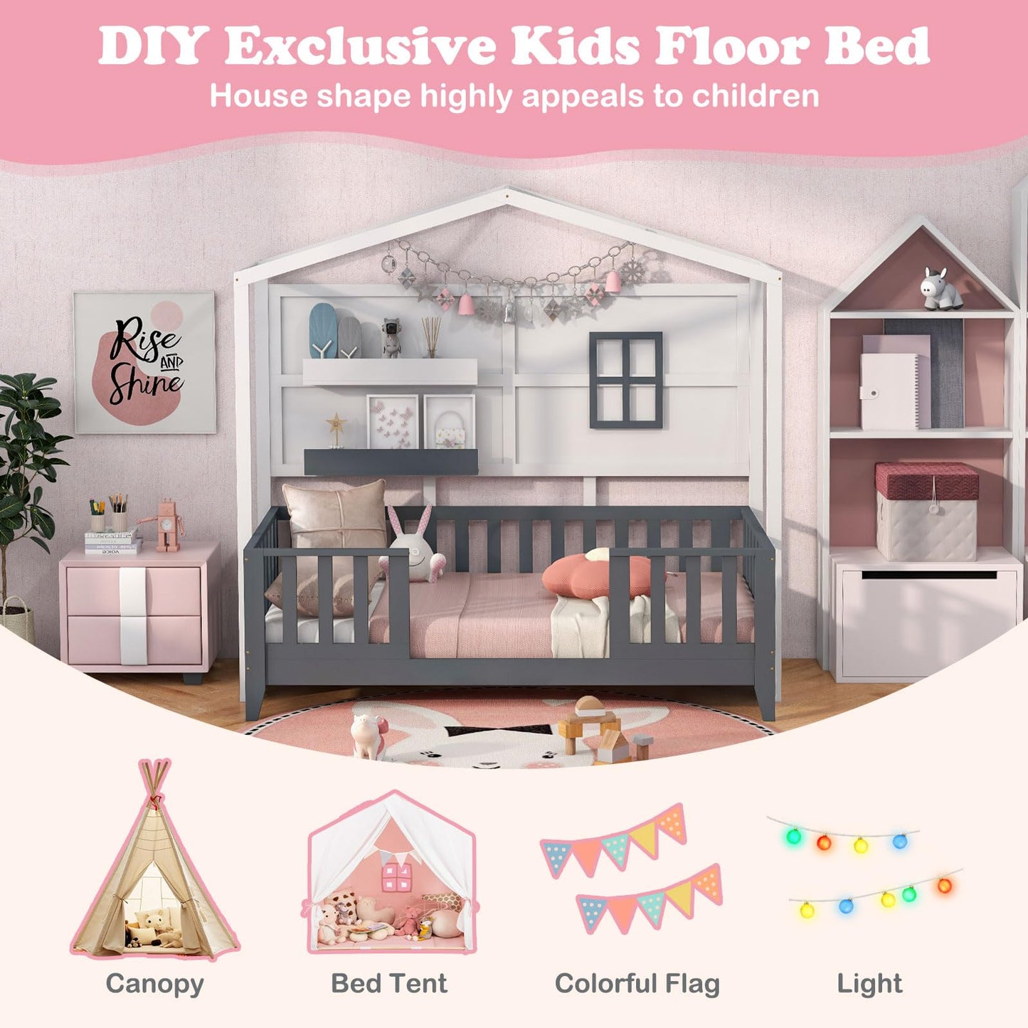 Giantex Twin House Bed, Solid Wood Montessori Bed Frame with 2 Storage Shelves, Fence & House Roof, Wood Slat Support, Low Twin Bed Frame for Kids Teens Girls Boys, No Box Spring Needed, White & Grey
