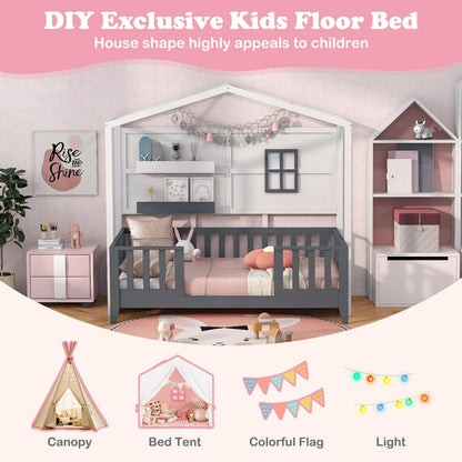 Giantex Twin House Bed, Solid Wood Montessori Bed Frame with 2 Storage Shelves, Fence & House Roof, Wood Slat Support, Low Twin Bed Frame for Kids Teens Girls Boys, No Box Spring Needed, White & Grey