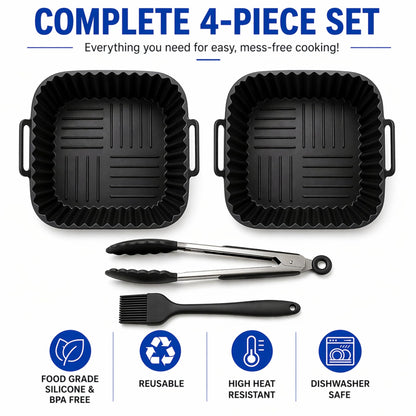 Air Fryer Silicone Liners 2 Pack for 4–7QT Square Basket – Reusable Nonstick Food-Grade Silicone Air Fryer Basket Liners – Dishwasher Safe, Includes Tongs & Basting Brush