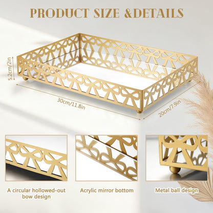 Zhehao Gold Vanity Tray with Mirror Bottom Decorative Bowknot Jewelry Organizer Tray 11.8x7.9 Inch Metal Vanity Organizer for Perfume Makeup Dresser Bathroom Countertop, Women Mom Gift