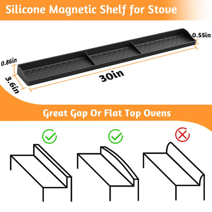 Magnetic Stove Top Shelf 30 Inch - Heat Resistant Silicone Over the Stove Shelf Spice Rack Organizer - 3 Functional Partitions Kitchen Organization and Storage for Spices, Oils & Gadgets (Black)