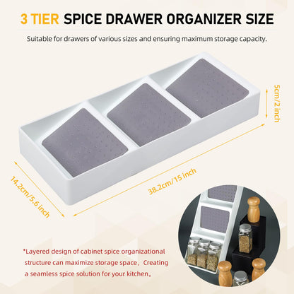 Spice Drawer Organizer,3 Tier Non-Slip Silicone Seasoning Jar Drawer Insert,Spice Rack Organization for Drawer,Spice jar holder for drawer,Kitchen Spice Rack Tray for Cabinet Countertop Makeup Storage