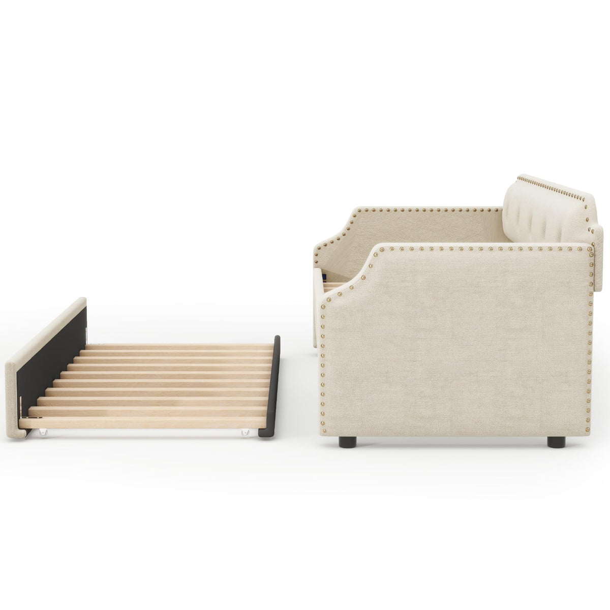 Twin Size Daybed with Trundle, Upholstered daybed Frame with Button Tufted and Nailtrim on Arms, Wood Sofa Bed with Trundle Bed and Caster Design for Living Room, Bedroom, Guest Room, Beige.