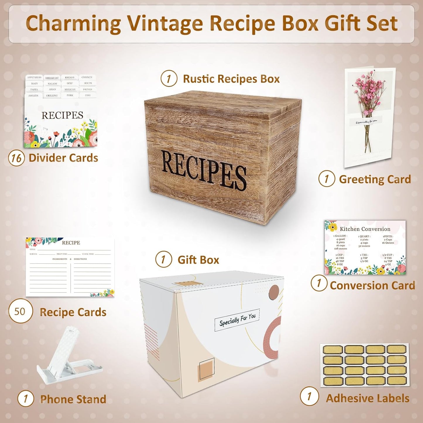 Recipe Box with 50 Recipe Cards 4x6, Rustic Wood Organizer Set for Housewarming and Weddings