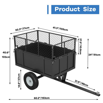 Heavy Duty Steel Utility Dump Trailer – 17 Cu.Ft Garden Cart with Removable Mesh Sides & Pneumatic Tires, 750 Lbs Tow Behind Trailer for ATV, UTV, Lawn Tractor Hauling in Yard & Farm, Black