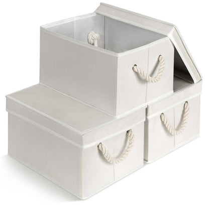 Set of 3 Fabric Bins for Organization - Foldable & Stackable With Lid & Rope Handles - Collapsible Fabric Storage Cubes Lightweight & Sturdy Bottom, Space Saving Collapsible Bin, Ivory