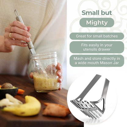 The 730 Project Mighty Masher, Baby Food Masher for Starting Solids Essentials, Baby-Led Weaning Mini Avocado and Potato Masher, Stainless Steel Potato Smasher Tool