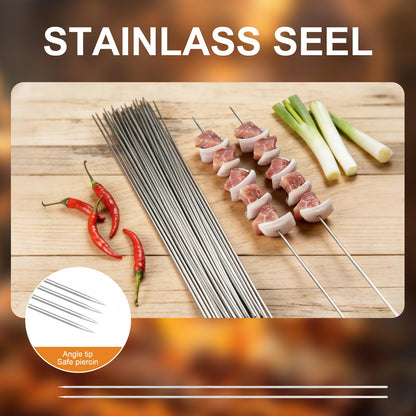 WillBBQ 100PCS 13" Round Stainless Steel BBQ Skewers with Metal Storage Tube - Reusable Grilling Sticks for Lamb, Beef, Chicken, Shrimp, Vegetables