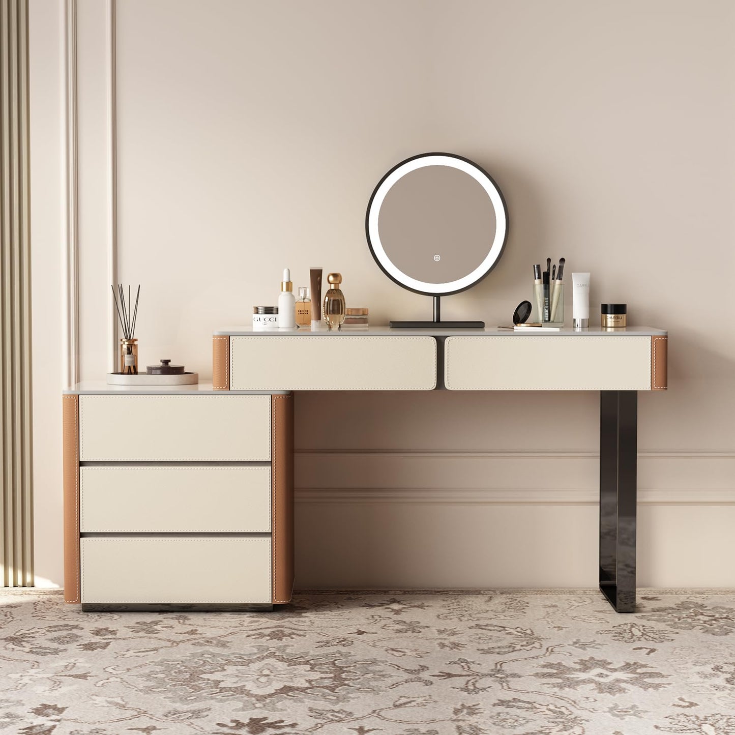 Lartis Faux Leather Makeup Vanity Desk Set with LED Lighted Mirror Luxury Dressing Makeup Table with Storage Drawers & Vanity Stool, Vanities (Brown/Gray)