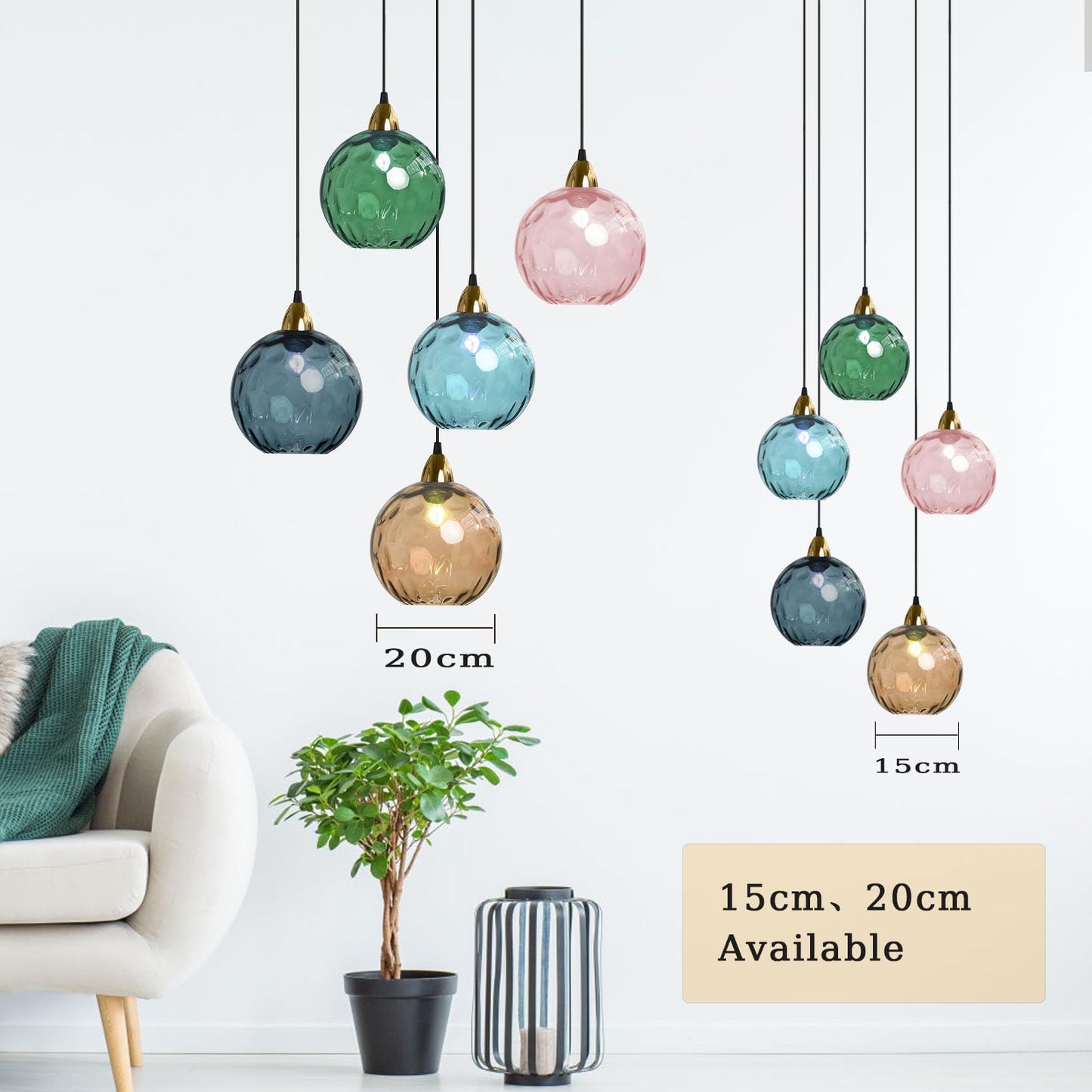 XIRYTU-H 20cm/7.9’’ Industrial Vintage Spherical Glass Pendant Light, E26 Ceiling Hanging Lamp, Gold Finish & Ripple Glass Globe Shade, Dining Room Bedroom Chandelier (Azure Blue)