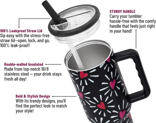 DLOCCOLD 40 oz Insulated Tumbler - Leak Resistant, Handle & Flip Straw, Car Cup Holder Friendly