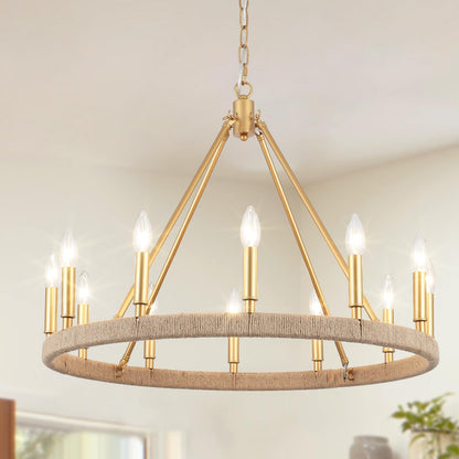 ASHUAQI 26" Gold Wagon Wheel Chandelier, 12-Light Farmhouse Chandelier for Dining Room, Gold Pendant Light Fixture for High Ceiling Living Room Foyer Entryway