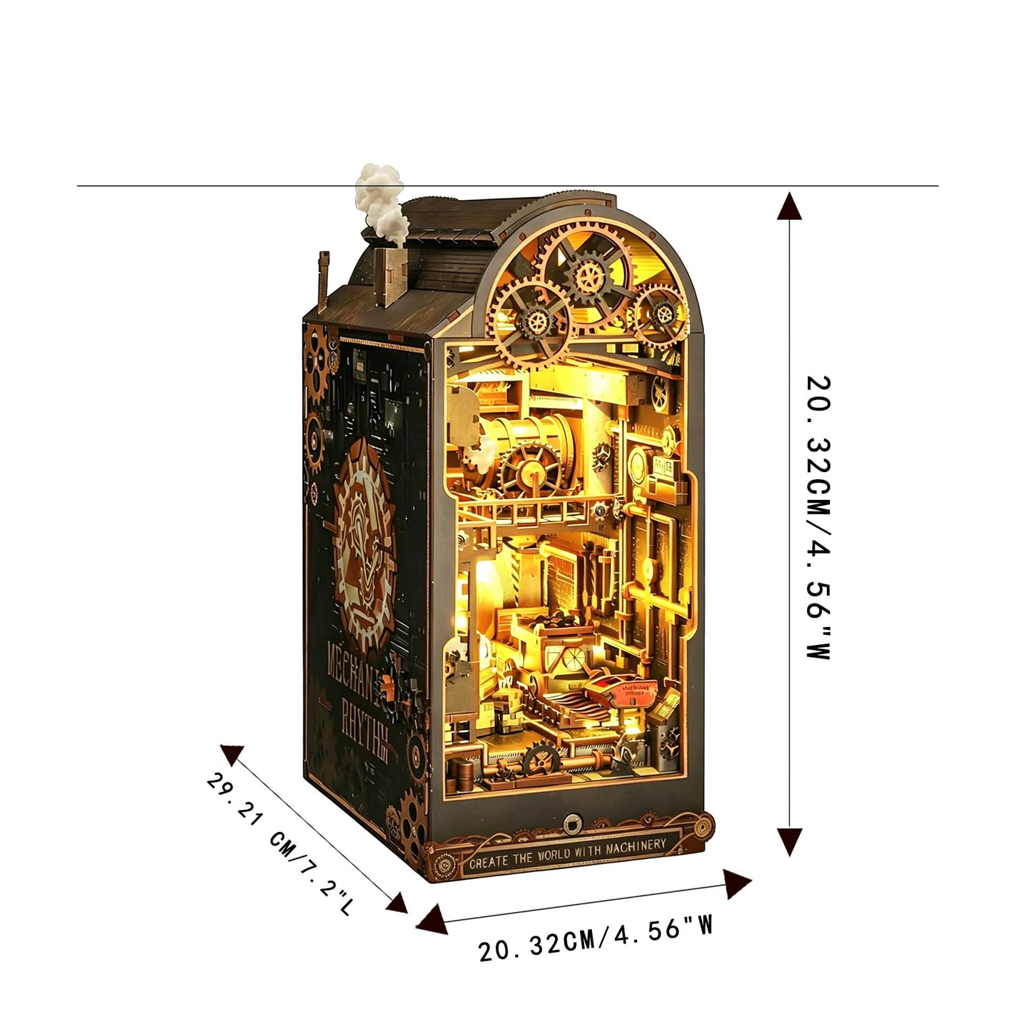DGRENA Book Nook DIY Miniature House Kit, Steampunk Industrial 3D Wooden Puzzle Bookend with Touch LED Lights, Rotating Gears Mechanical Bookshelf Insert Decor Crafts for Adults Teens Gift