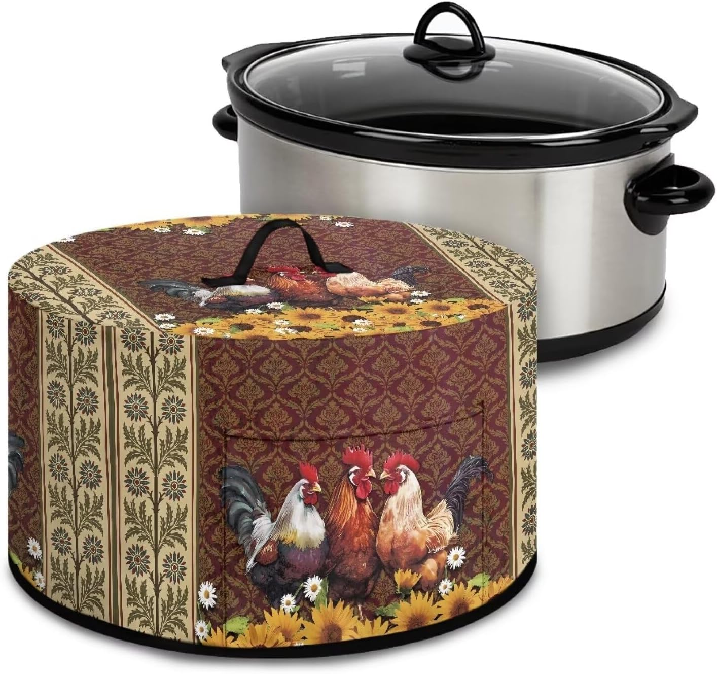 Roosters Dust Cover for Small Kitchen Appliances, Fits Most 6-8 Quart Oval Slow Cookers, Pockets & Top Handle