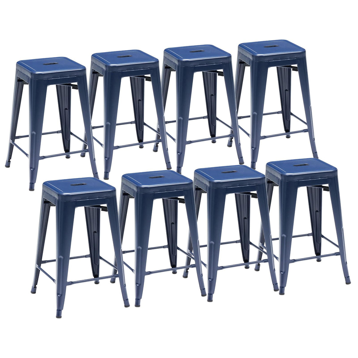Sweetcrispy Metal Bar Stools Set of 8, 24 Inch Stackable Restaurant Classic Trattoria Metal Chairs, Backless Counter Height Barstool Chairs for Dining Room, Kitchen Island, Indoor Outdoor Use, Blue