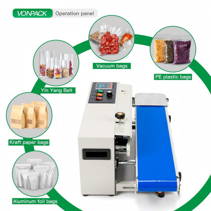 VONPACK FR-900 Automatic Continuous Band Sealing Machine, 110V Bag Sealer Industrial Factory Kitchen Packing Machine Heat Sealing Adjustable Intelligent Temp Control for Plastic Bag Food Film